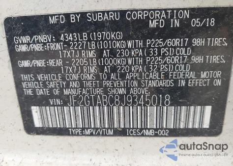 2018 Subaru Crosstrek 2.0I Premium z USA, uszkodzony, nr VIN JF2GTABC8J9345018